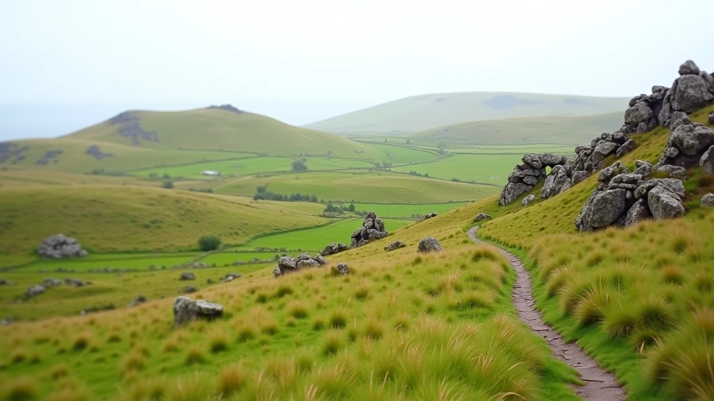 Rolling limestone landscape with sparse vegetation, natural stone formations and walking trails through Burren region