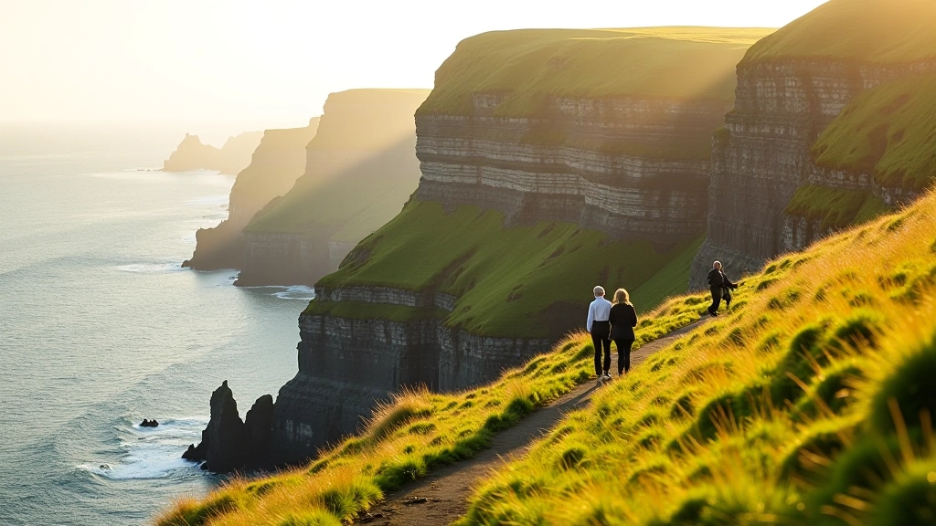 Scenic coastal cliffs with green grassy slopes and ocean views, visitors on pathway enjoying landscape