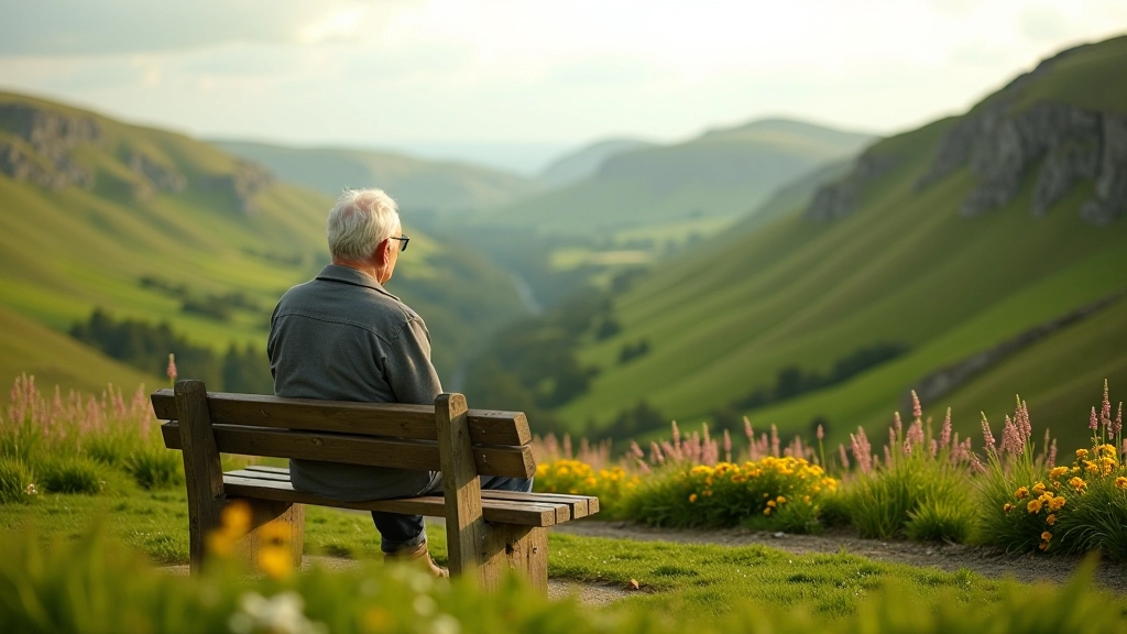 Peaceful wooden bench in countryside setting with scenic views, rest area in natural landscape