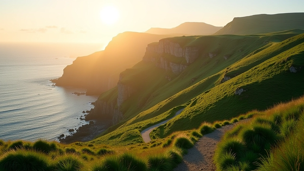 Scenic view of Cliffs of Moher with green rolling landscape and coastal path