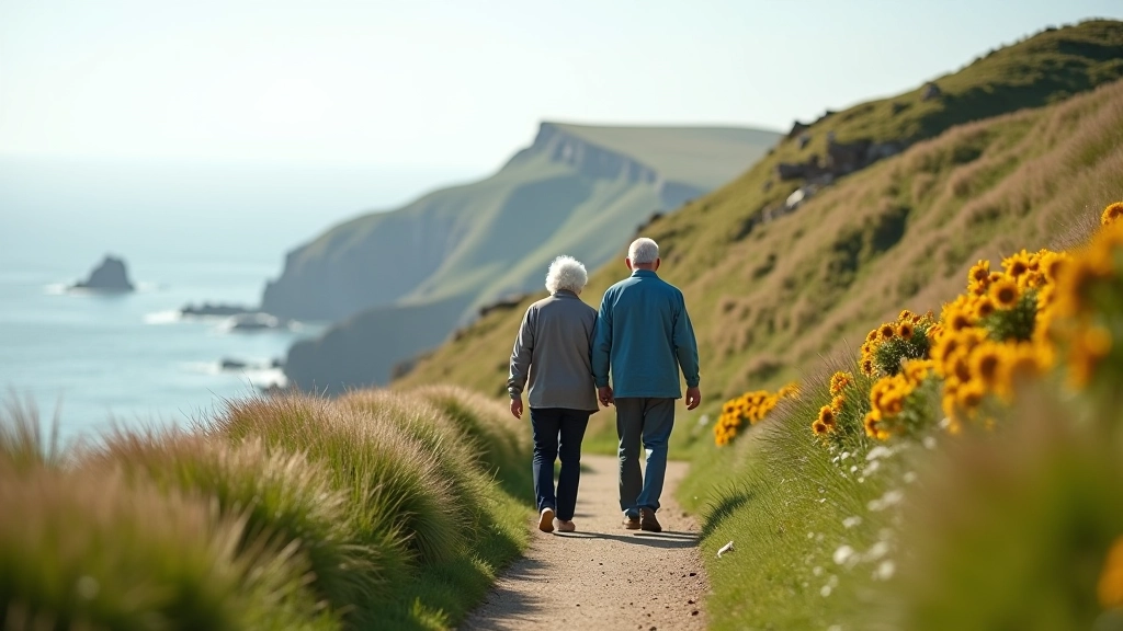Accessible walking path on clifftop with clear views, elderly visitors walking comfortably with proper footwear on well-maintained trail