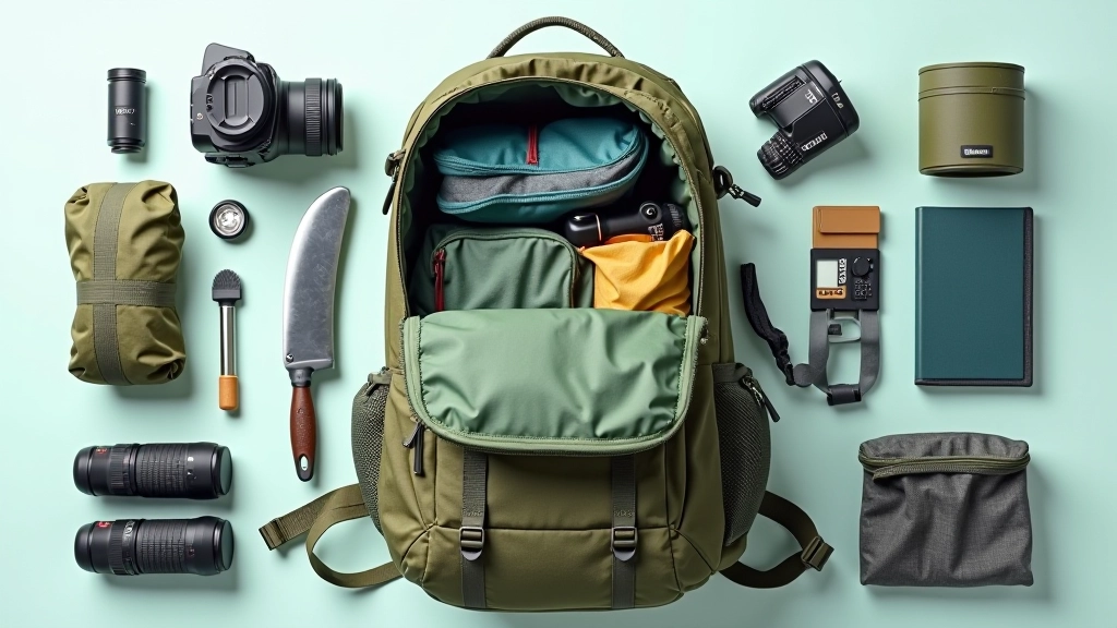 Well-organized hiking backpack with all packing sections clearly visible, laying open on flat surface showing internal compartments and gear arrangement