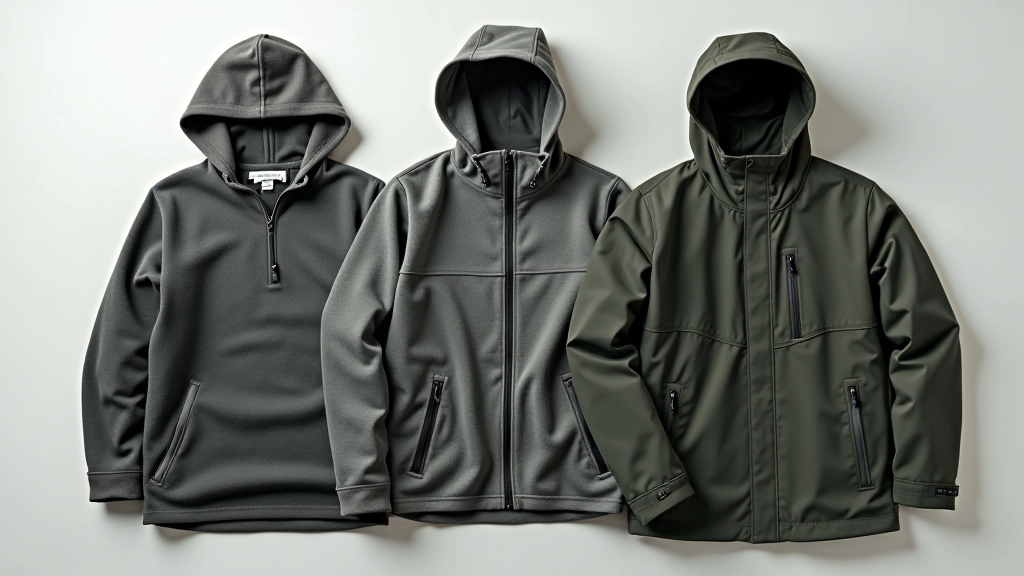 Layered clothing setup displayed on neutral background showing base layer, mid-layer fleece, and waterproof jacket arranged neatly