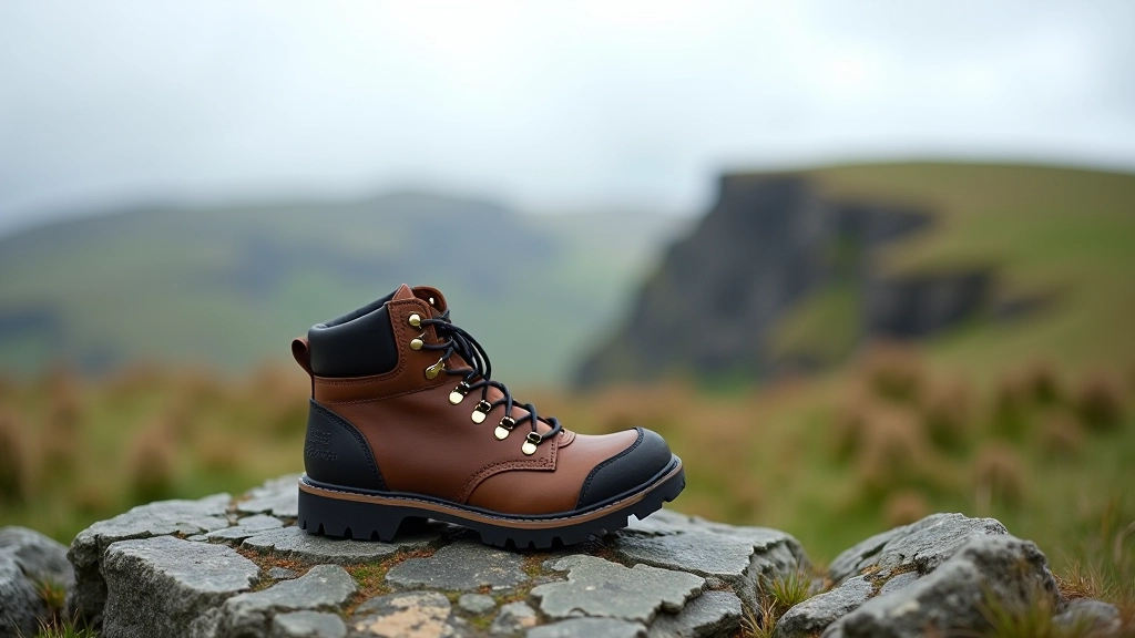 Properly fitted hiking boot resting on weathered stone with mountain backdrop, showing tread detail and ankle support design