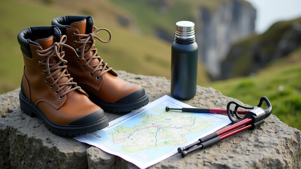 Comfortable hiking boots resting on natural stone beside walking map and thermos flask in outdoor setting