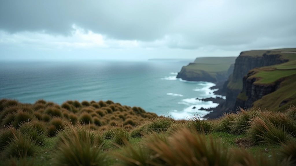 Coastal landscape showing varied weather conditions, dramatic clouds rolling in over cliffs, changeable Irish weather scene