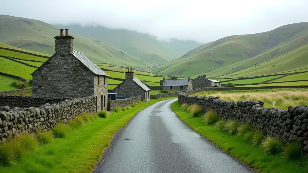 Village landscape with traditional stone buildings, rolling hills, Irish countryside with winding roads and pastoral setting