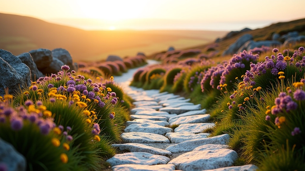 Stone path winding through limestone pavement with wildflowers blooming between the rocks, Irish countryside in background