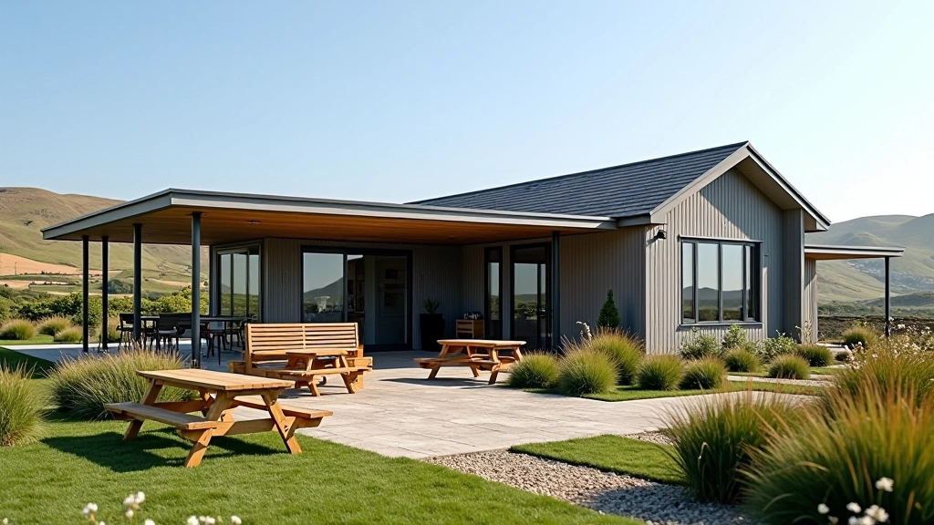 Modern visitor center building nestled into landscape with café seating area, clean facilities, and landscaped grounds overlooking cliffs