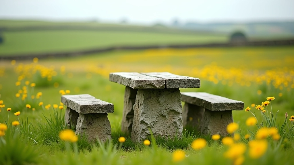 Stone wall bench with weathered wood seat, countryside meadow background, wildflowers blooming in foreground, peaceful rural setting