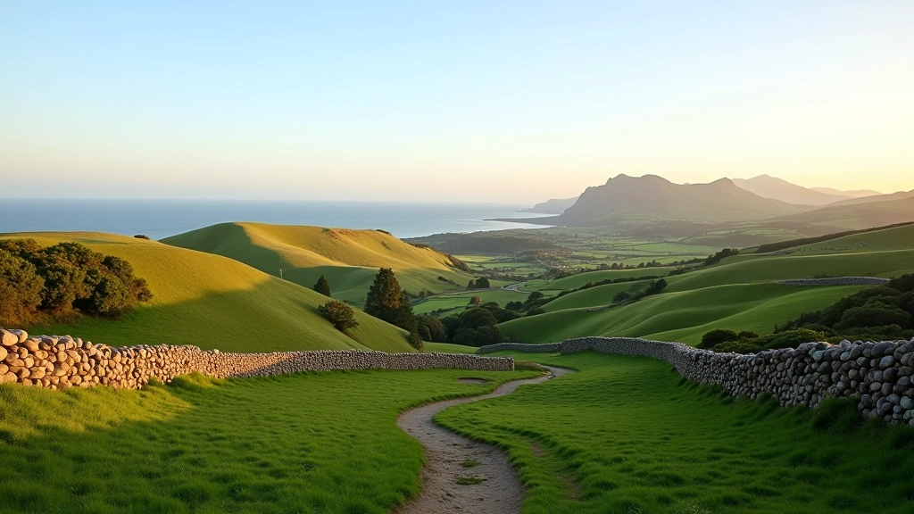 Panoramic landscape view from elevated viewpoint showing rolling green hills, stone walls dividing fields, distant mountains under blue sky