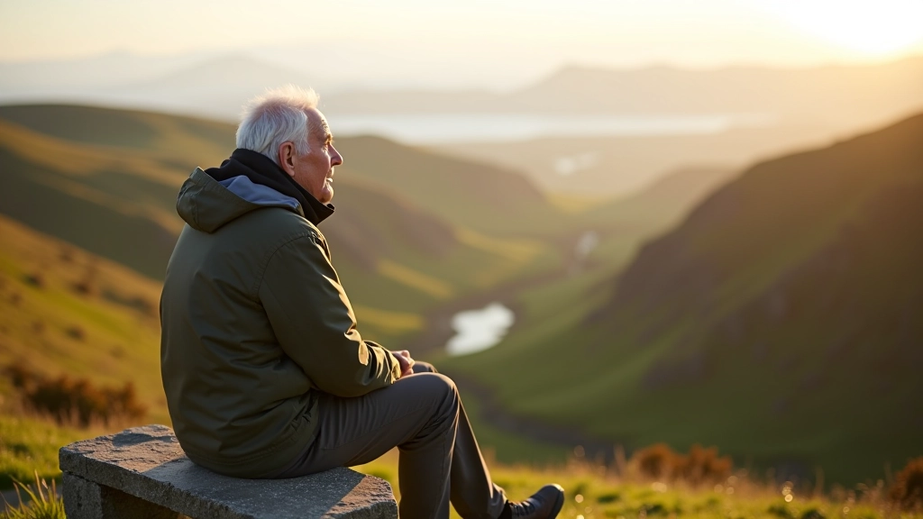 Hiker resting on stone bench overlooking limestone valley landscape with distant hills