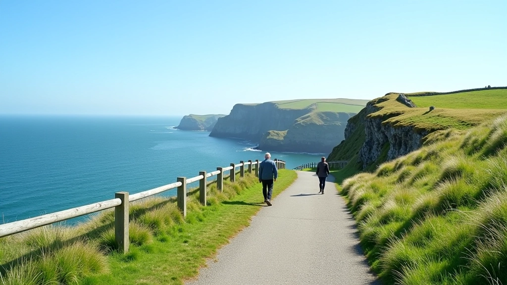 Scenic coastal path with safety railings winding along green clifftop, clear blue sky and ocean horizon in distance