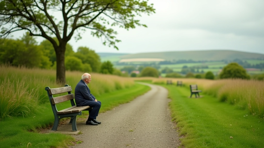 Peaceful outdoor rest area with benches overlooking natural landscape, suitable for elderly visitors