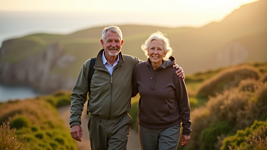 Peaceful senior couple walking on scenic coastal path with ocean and cliffs visible in background