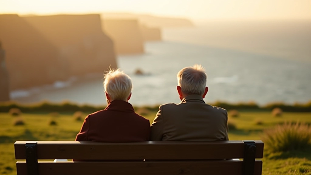 Hikers resting on stone bench overlooking dramatic cliff landscape, one person pointing at distant view, green fields below