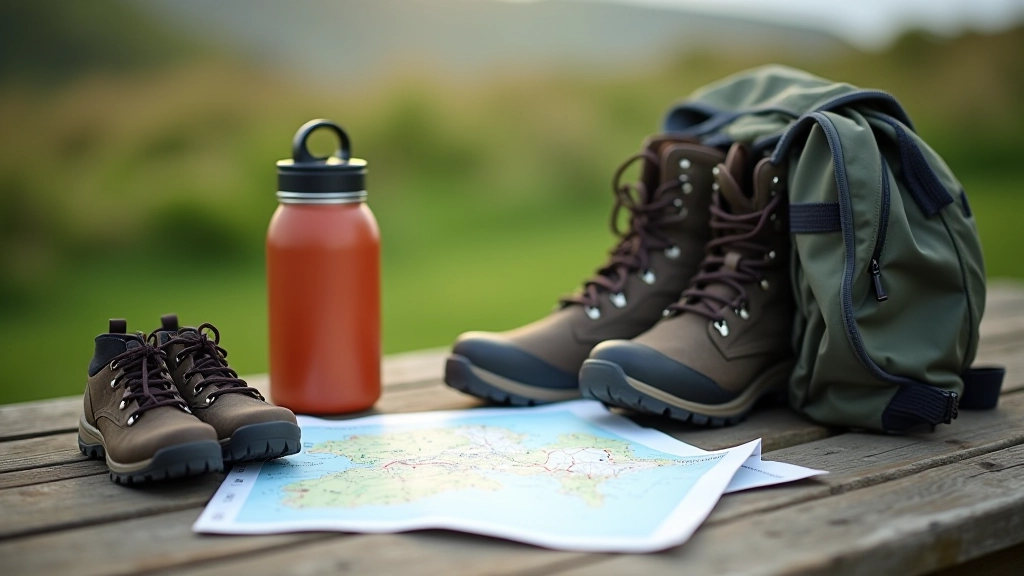 Comfortable walking boots and hiking gear laid out on outdoor table with map and water bottle