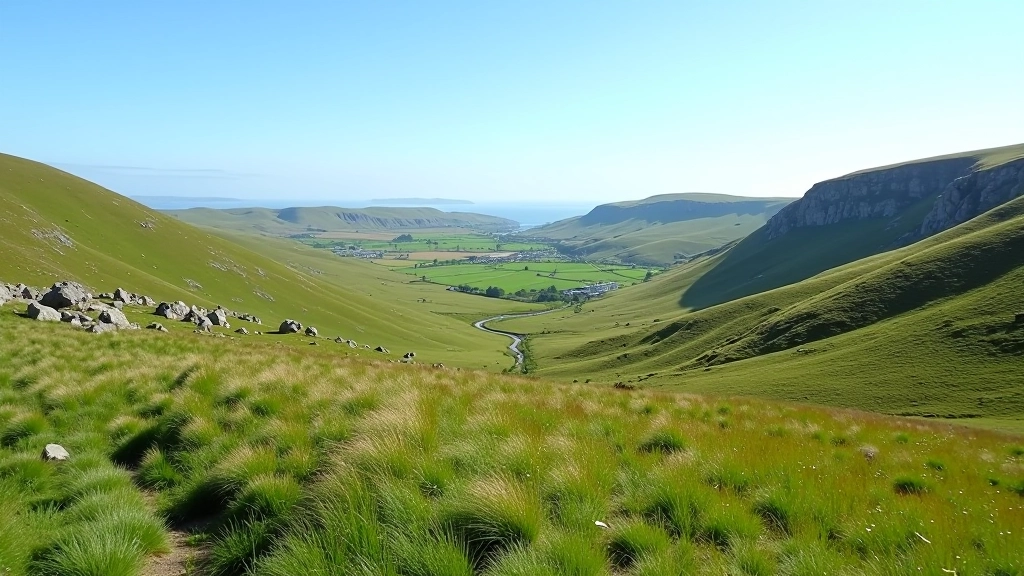Scenic landscape photograph of rolling green hills and natural stone formations characteristic of the Burren region in County Clare