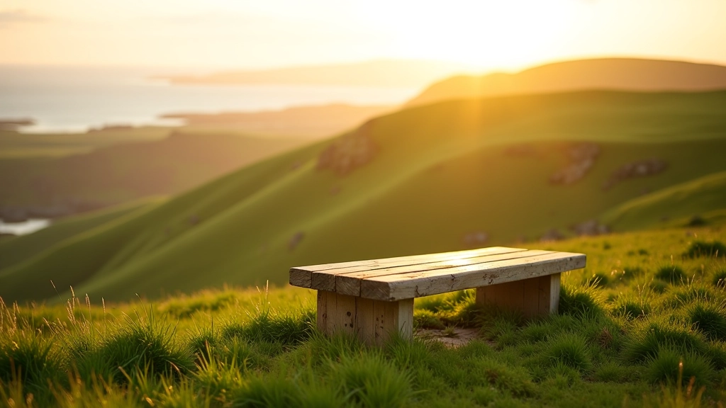 Wooden bench situated on grassy hillside with panoramic countryside view stretching to distant mountains